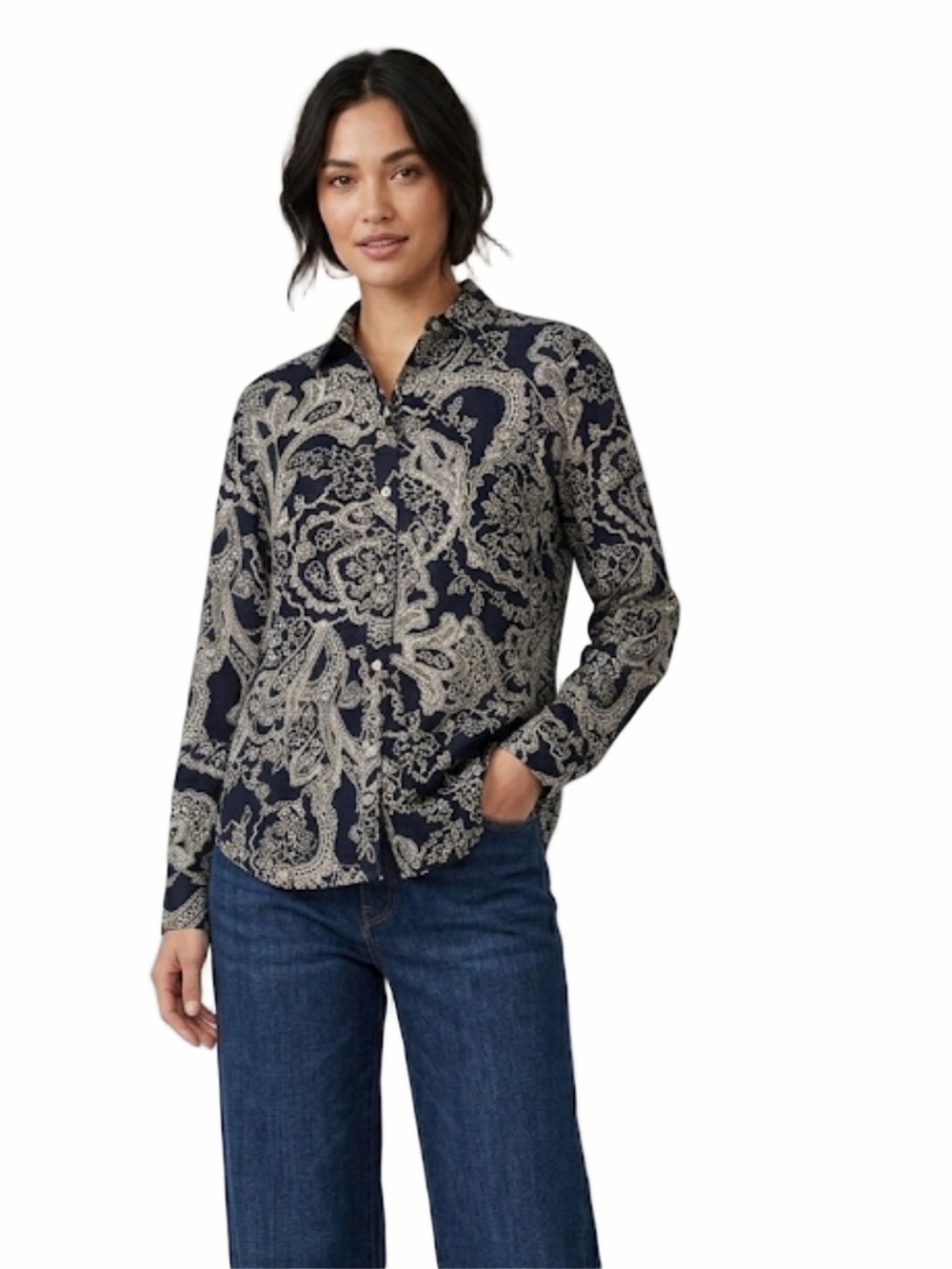 Lauren Ralph Lauren Navy and White Paisley Blouse Size Small